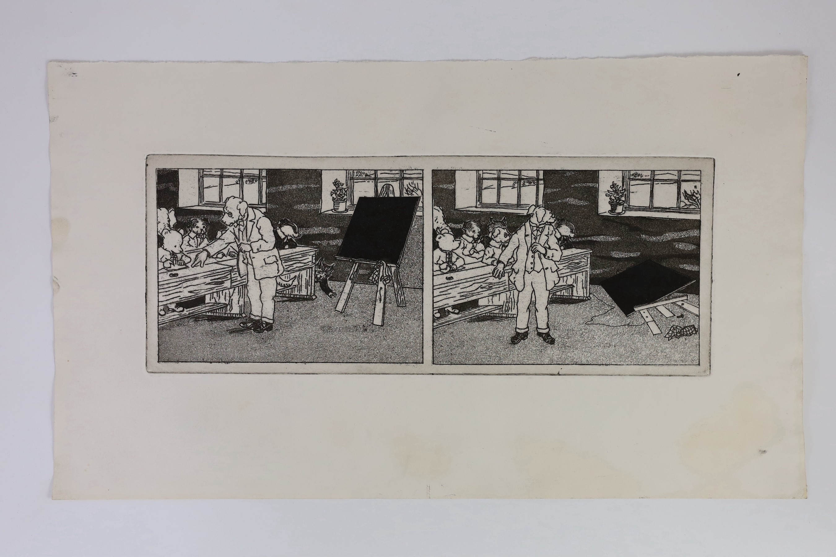 Attributed to Stanley Dobbin (1932-2021) after Mary Tourtel (1874-1948) - Two panels depicting classroom scenes, engraving, plate 13 x 34cms, sheet 26.5 x 45cms.